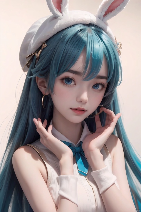 1girl,twintails,solo,jewelry,earrings,hat,hair ornament,looking at viewer,hatsune miku,blue hair,blue eyes,white background,long hair,blue headwear,bow,beret,parted lips,hair between eyes,holding,bangs,Sweaters,upper body,simple background,rabbit,ribbon,to-style,beautiful eyes,