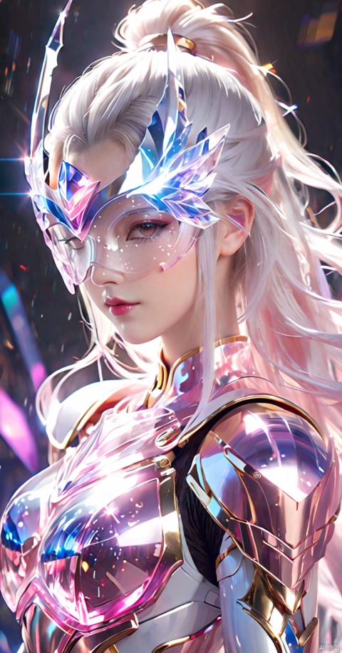  1 girl,Transparent crystal armor,white hair,Eye mask, pink gradient,High ponytail,glowing eyes,