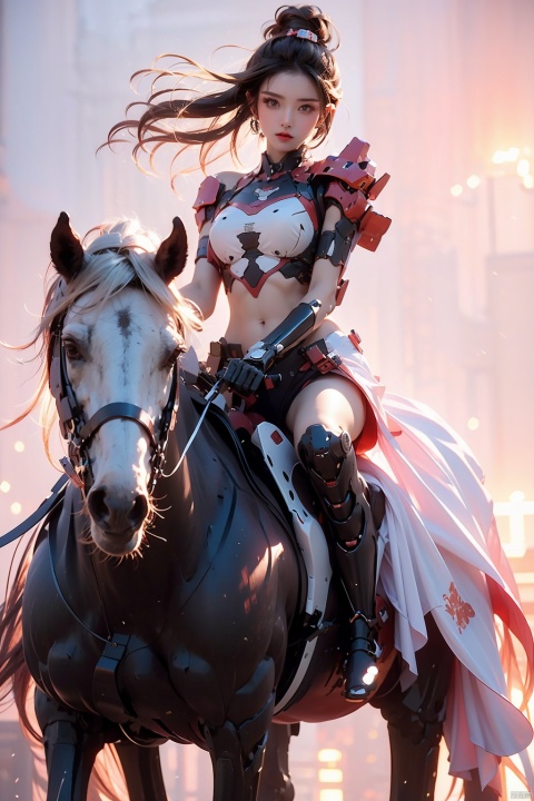  1 girl,a female warrior,ride a mechanical horse,mid shot,mechanical warhorse,exoskeleton horse,mechanical horse armor,high quality,game CG,wallpaper,short hair,best quality,depth of field,looking at the audience,dynamicpose,whitebackground,Gradient　background,mechanicalparts,mechanicalarm,cyberpunk,mechanicalbody,mechanicallegs,sssr,楠戦┈锛�