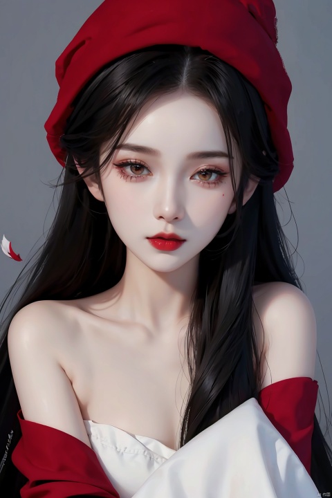  1girl, solo, long hair, looking at viewer, shirt, black hair,, hat, bare shoulders, closed mouth, upper body, off shoulder,black eyes, lips, petals, makeup, pale skin, red headwear, head rest, beanie, red lips, huliya