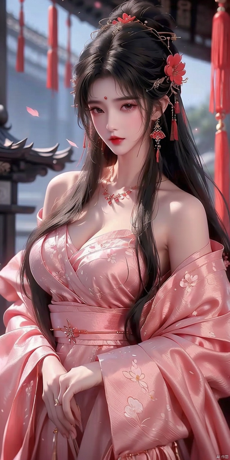  ((1girl)),(large breasts:1.5),jewelry,solo,hair ornament,necklace,chinese clothes,flower,black hair,hanfu,long hair,breasts,blurry,blurry background,upper body,cleavage,red lips,looking at viewer,realistic,dress,hair stick,hair flower,branch,