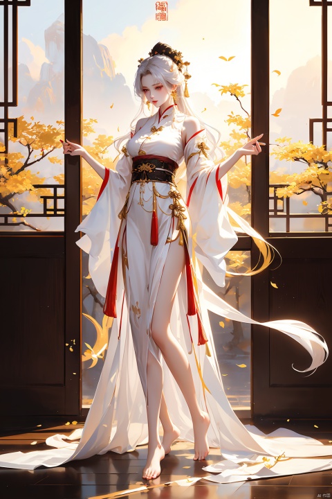 A girl, full-body, indoor, Hanfu, long hair fluttering, classical beauty, Chinese style.,Long legs,Show long legs,Golden Hanfu, bright and shining,((white hair)),((Bare legs)),((barefoot)),((Solid color background)),Xiangyun, China Cloud, Ink scattering_Chinese style, Dragon and girl, dan ding he