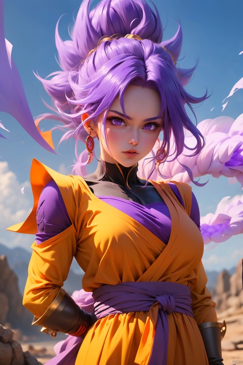  (best quality, masterpiece),solo, 1girl, Purple eyes, super saiyan, Purple hair, son goku, aura, clenched hands, Half body,