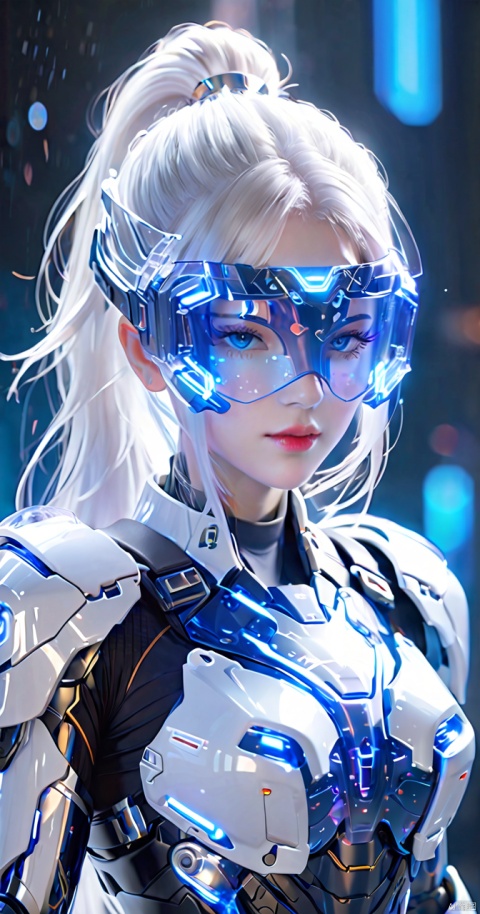  1 girl,Transparent sci-fi armor,white hair,Eye mask, blue gradient,High ponytail,glowing eyes,(transparent chest:1.5),