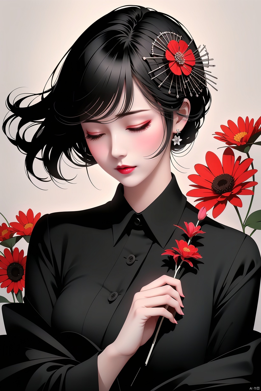  1girl, solo,black hair,closed mouth,closed eyes,flower,eyelashes, makeup, fdjz
