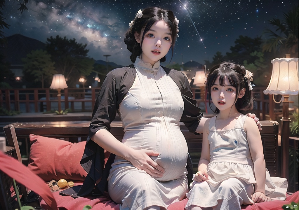 (ultra-detailed), (best quality), hyper detailed, ultra realistic,(extremely detailed), (extremely detailed CG unity 8k wallpaper), 3girls,((loli:1.5)),((little_girl:1.5)), (female_child:1.5), (in the night), Flying meteor, (1 The Milky Way), black hair, braided_bangs, ((short_hair:1.5)), (light_smile), looking at viewer, ((open mouth)),((middle_breasts)),LQGIRL,laojun, pregnant,child,full_body,universe sky theme, cozy animation scenes