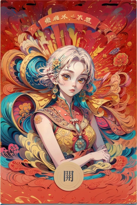 chinese new year, (masterpiece, top quality, best quality, official art, beautiful and aesthetic:1.2), (1girl:1.3), extremely detailed,(fractal art:1.2),colorful,highest detailed,(zentangle:1.2), (dynamic pose), (abstract background:1.5), (treditional dress:1.2), (shiny skin), (many colors:1.4), upper body, masterpiece, best quality,high quality,highres, 16K,RAW,ultra highres,ultra details,finely detail,an extremely delicate and beautiful,extremely detailed,real shadow, anime,highly detailed painted,award winning glamour paintting,wonderful paintting,art style,stylized, wechatredenvelope