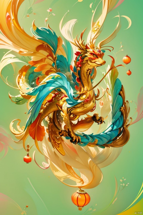  (colourful background:1.3), pure golden chinese dragon, embellished with chinese New Year elements,scattered gemstones,light and shadow sensation,3d rendering, realistic, 