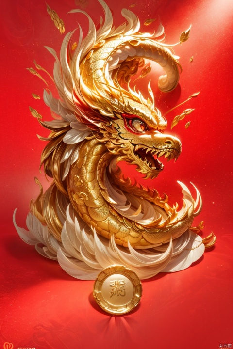  (logo design:1.5), 1 Chinese dragon logo design on red background, Chinese golden dragon, golden ingot, golden coin,(masterpiece:1,2), best quality, masterpiece, highres, original, extremely detailed wallpaper, perfect lighting,(extremely detailed CG:1.2), wechatredenvelope