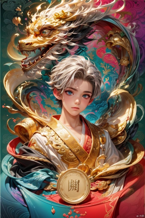  realistic, (masterpiece, top quality, best quality, official art, beautiful and aesthetic:1.2), extremely detailed,fractal art,colorful,highest detailed,zentangle,(abstract background:1.6),(1 boy:1.8),silver hair, bright eyes,hair slicked back, short hair, black robe, golden Chinese dragon, wechatredenvelope