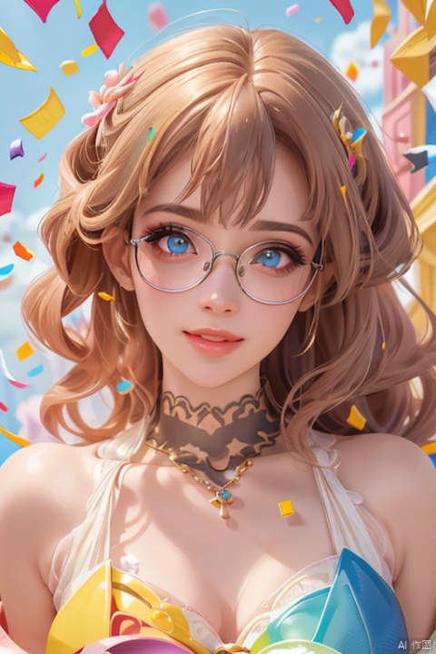 (best quality,4k,8k,highres,masterpiece:1.2),ultra-detailed,(realistic,photorealistic,photo-realistic:1.37),portrait,woman,glasses,sparkling eyes,sharp focus,clear details,detailed makeup,beautiful detailed lips,hair blowing in the wind,dramatic lighting,soft shadows,vibrant colors,expressive face,confident smile,(colorful confetti:1.5),cloudy day, BY MOONCRYPTOWOW