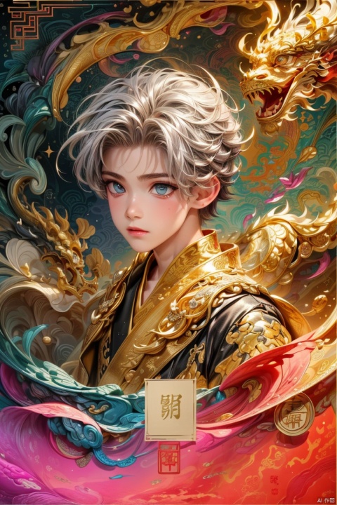  realistic, (masterpiece, top quality, best quality, official art, beautiful and aesthetic:1.2), extremely detailed,fractal art,colorful,highest detailed,zentangle,(abstract background:1.6),(1 boy:1.8),(golden Chinese dragon), silver hair, bright eyes,hair slicked back, short hair, black robe, wechatredenvelope