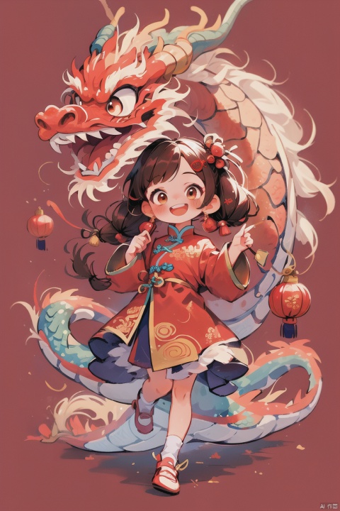  chinese new year, 1girl, solo, long hair, looking at viewer, blush, smile, open mouth, simple background, brown hair, hair ornament, red eyes, long sleeves, dress, twintails, brown eyes, shoes, teeth, hand up, low twintails, chinese clothes, red footwear, red background, dragon, eastern dragon,