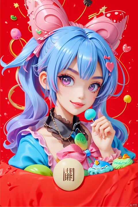  1girl, colorful, hand drawn, vibrant pastel colors, (bubblegum Vaporwave aesthetic), Legend of Mana graphics, A half portrait of a sexy clown girl, e-girl, highly detailed, multicolored, very long hair, best quality, beautiful face, flirtatious pose, smirk, pinup, perfect face, holding enormous oversized lollipop, colorful lollipop, torn fishnet stockings, goth, birthday cake, balloons, lollipop, candies, wechatredenvelope,red background,