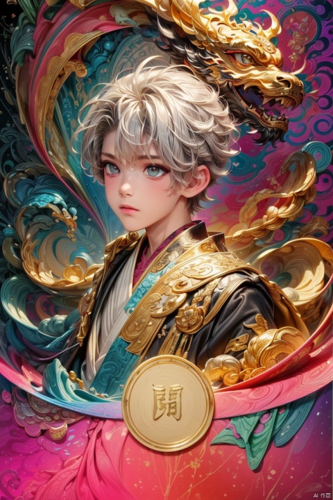  realistic, (masterpiece, top quality, best quality, official art, beautiful and aesthetic:1.2), extremely detailed,fractal art,colorful,highest detailed,zentangle,(abstract background:1.6),(1 boy:1.8),silver hair, bright eyes,hair slicked back, short hair, black robe, golden Chinese dragon, wechatredenvelope