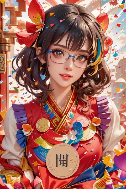 chinese new year, (best quality,4k,8k,highres,masterpiece:1.2),ultra-detailed,(realistic,photorealistic,photo-realistic:1.37),portrait,woman,glasses,sparkling eyes,sharp focus,clear details,detailed makeup,beautiful detailed lips,hair blowing in the wind,dramatic lighting,soft shadows,vibrant colors,expressive face,confident smile,(colorful confetti:1.5),cloudy day, BY MOONCRYPTOWOW, wechatredenvelope