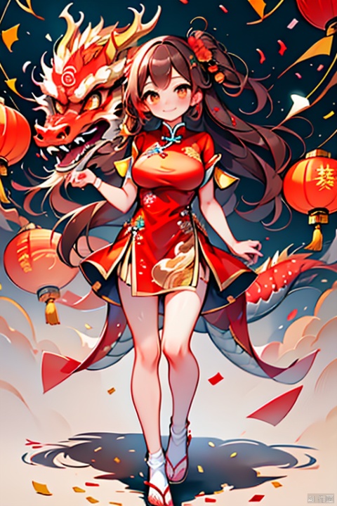  chinese new year, 1girl, solo, long hair, looking at viewer, blush, smile, bangs, brown hair, hair ornament, dress, holding, brown eyes, medium breasts, closed mouth, standing, full body, flower, (colorful confetti:1.4), short sleeves, socks, hair flower, bare legs, chinese clothes, red dress, sandals, red flower, red footwear, china dress, red nails, lantern, dragon, paper lantern, eastern dragon,