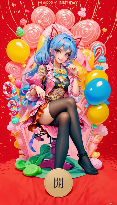  1girl, colorful, hand drawn, vibrant pastel colors, (bubblegum Vaporwave aesthetic), Legend of Mana graphics, A half portrait of a sexy clown girl, e-girl, highly detailed, multicolored, very long hair, best quality, beautiful face, flirtatious pose, smirk, pinup, perfect face, holding enormous oversized lollipop, colorful lollipop, torn fishnet stockings, crossed legs, goth, birthday cake, balloons, lollipop, candies, wechatredenvelope,red background,