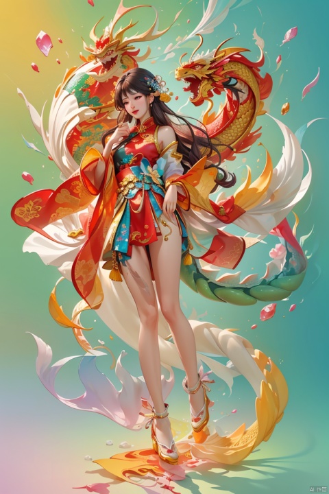  (colourful background:1.3), pure golden chinese dragon , embellished with chinese New Year elements,scattered gemstones,light and shadow sensation,3d rendering, realistic, , dofas, HFJL, (\long wang ga ma\), (\long yun heng tong\), eastern_dragon,