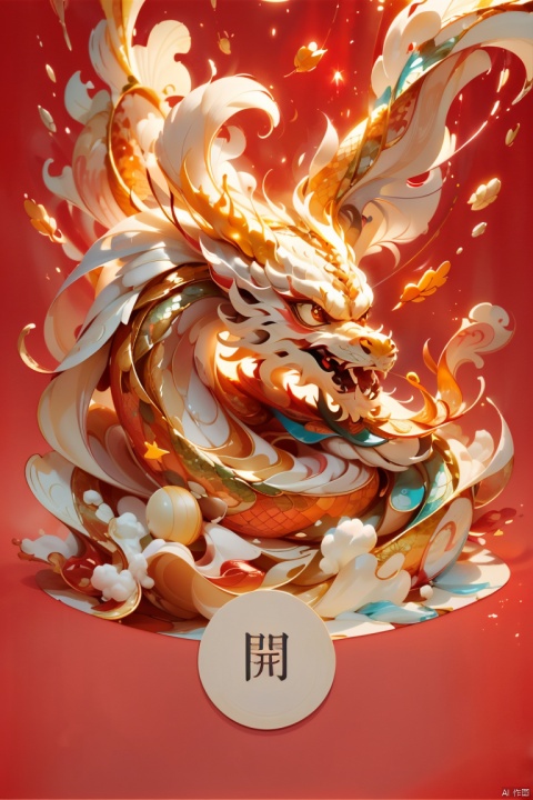  A beautiful golden Chinese dragon,(close up:0.8),look at the viewer,Splash ink, scatter, particles drift,clouds surround,vibrant color scheme,( wave,clound,water:1.1),
Softlight,(warm color:1.2),Water color painting,red background,best quality exquisite details,3d rendering,Octane render,pastel,
 paper_cut, (white background:1.1), Chinese_dragon,Serpentine structure, cloud,colorful, starry,stars,  wechatredenvelope