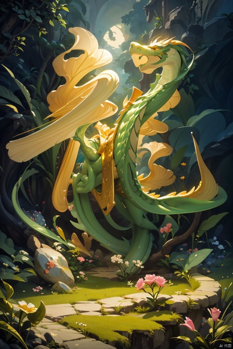masterpiece,best quality,jade,gold outline,gold,sword,dragon,3d,(hyper-detailed),ray tracing,foreground obscured by flowers and grass,natural light