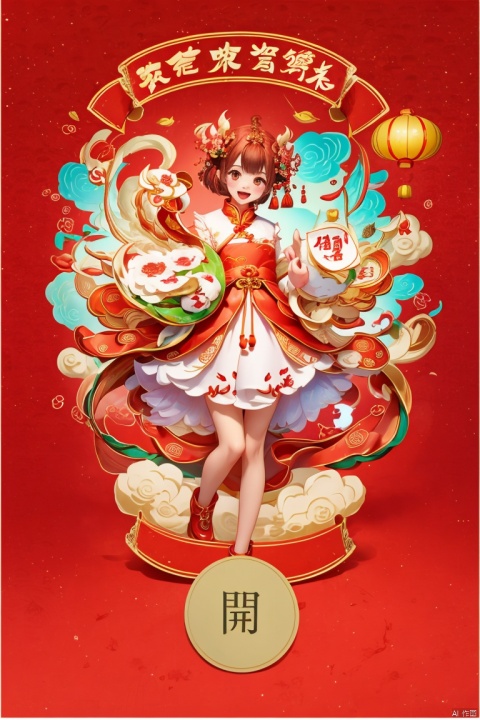 masterpiece,best quality,chinese new year,1girl,solo,dragon,chinese dragon,looking at viewer,blush,smile,short hair,open mouth,simple background,brown hair,hair ornament,red background,dress,brown eyes,full body,flower,teeth,chinese clothes,red dress,china dress,paper lantern, wechatredenvelope