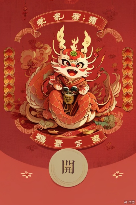 ((HRD, HUD, 8K)),((masterpiece, best quality)), highly detailed,text focus, cover, red theme, red background, monochrome,dragon, dragon horns, dragon claw, no humans, solo, looking at viewer, open mouth, food, blush stickers, flower, comic, new year, lantern, traditional youkai, 
