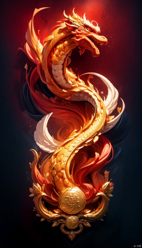  (logo design:1.5), 1 Chinese dragon logo design on red background, Chinese golden dragon,  (golden ingot), (golden coin), (masterpiece:1,2), best quality, masterpiece, highres, original, extremely detailed wallpaper, perfect lighting,(extremely detailed CG:1.2),(dark red background:1.5)