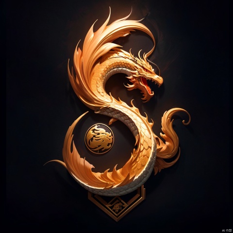  (logo design:1.5), 1 Chinese dragon logo design on dark black background, Chinese golden dragon, (masterpiece:1,2), best quality, masterpiece, highres, original, extremely detailed wallpaper, perfect lighting,(extremely detailed CG:1.2),(dark black background:1.5)