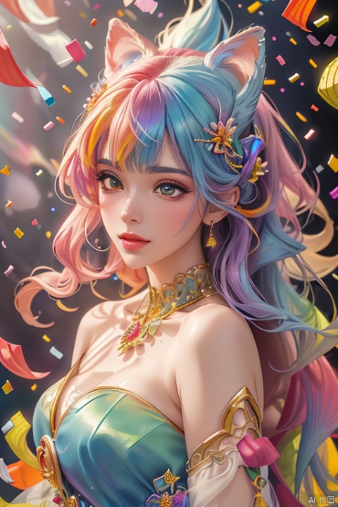 (best quality,4k,8k,highres,masterpiece:1.2), ultra-detailed, (realistic,photorealistic,photo-realistic:1.37), digital portrait of a very colorful rainbow dragon, iridescent scales, confetti background, vibrant colors, sharp focus, vivid details,(colorful confetti:1.5), studio lighting, bokeh, fantasy creature, mythical beast, majestic presence, intricate details, ethereal atmosphere, awe-inspiring, mystical aura, vibrant and mesmerizing, breathtaking artwork