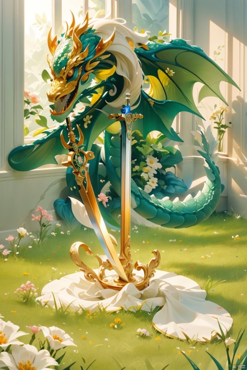 masterpiece,best quality,jade,gold outline,gold,sword,dragon,3d,(hyper-detailed),ray tracing,foreground obscured by flowers and grass,natural light