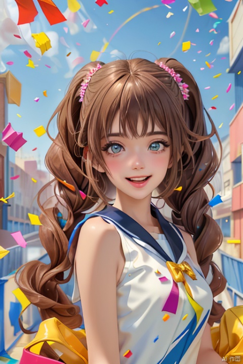 (masterpiece:1.5), illustration, 4k, 8k, (high quality:1.1), highly detailed, detailed face, HDR, vivid colors, natural lighting, pretty eyes, detailed eyes, colorful eyes, beautiful face, 1girl, long hair, messy hair, brown hair, twin braids, scrunchie, hair ornament, cheerleader, sleeveless, t-shirt, pom poms, cheering, standing on the side of a main road, spread arms, ((confetti)), smile, open mouth, establishing shot,(colorful confetti:1.5),