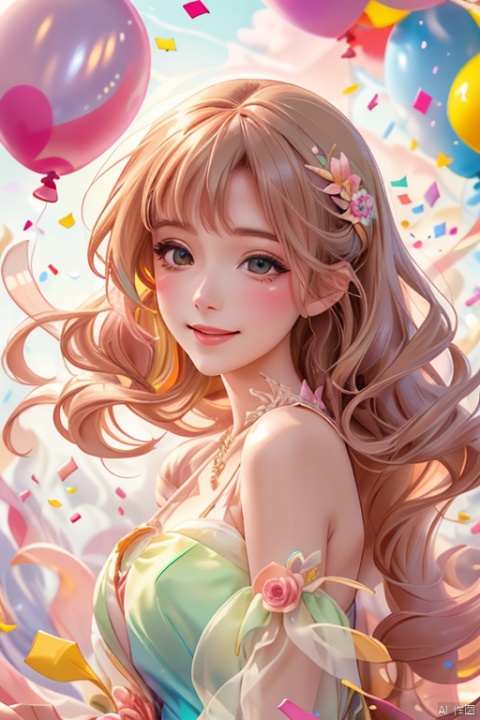 (best quality,highres,masterpiece:1.2),ultra-detailed,balloon aura,(colorful confetti:1.4),beautiful woman,flowing dress,portrait,vivid colors,wavy hair,graceful,pastel tones,soft lighting,smiling face,joyful expression,happy atmosphere,blurred background,celebration, vibes,playful,delicate,positive energy,whimsical elements,sunlight streaming through the trees,sparkling eyes,rosy cheeks,flowing fabric,gentle breeze,ethereal,light-hearted,magical moment,surreal,harmonious,colorful balloons floating in the air,excitement,beauty in motion,warmth,serenity,harmony,peaceful,enchanted evening,summer vibes,airy composition,vibrant atmosphere