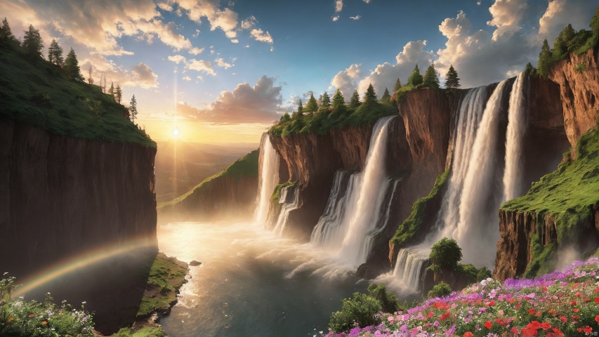  The cliff has waterfalls and flowers, the background is sunset, there is sun, Chris LaBrooy, beautiful scenery, a detailed matte painting, naturalism