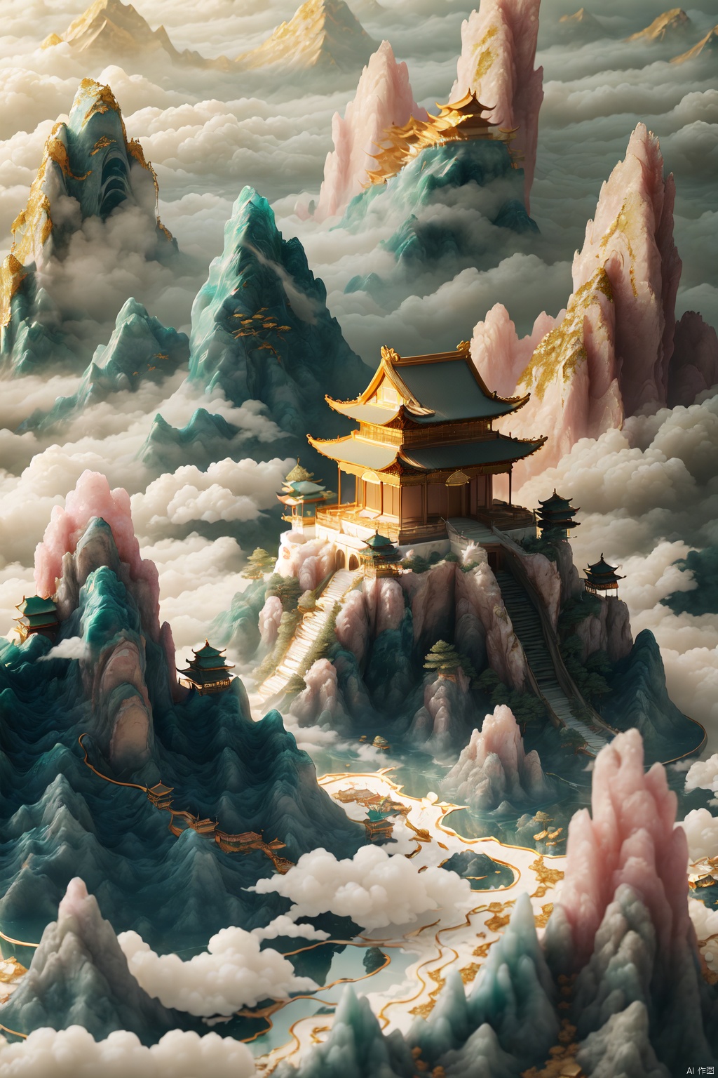 ((Best Quality)),((Masterpiece)),(Details),Miniature landscape,Chinese style,jade carving,(amethyst:0.4),mountains,ancient buildings in the clouds,realistic details,very good light transmittance,miniature sculpture,jade,three-dimensional,3D,blender,C4D,,