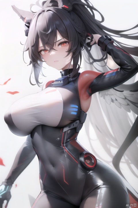  masterpiece,best quality,1girl,full_body
,(Future Combat Suit),mechanical ears,wings,standing,high ponytail,black_hair,red_eyes,white_body,(enormous_breasts:1.2),[(white background:1.5)::5],372089, seductive eyes, natural breasts,Future Combat Suit