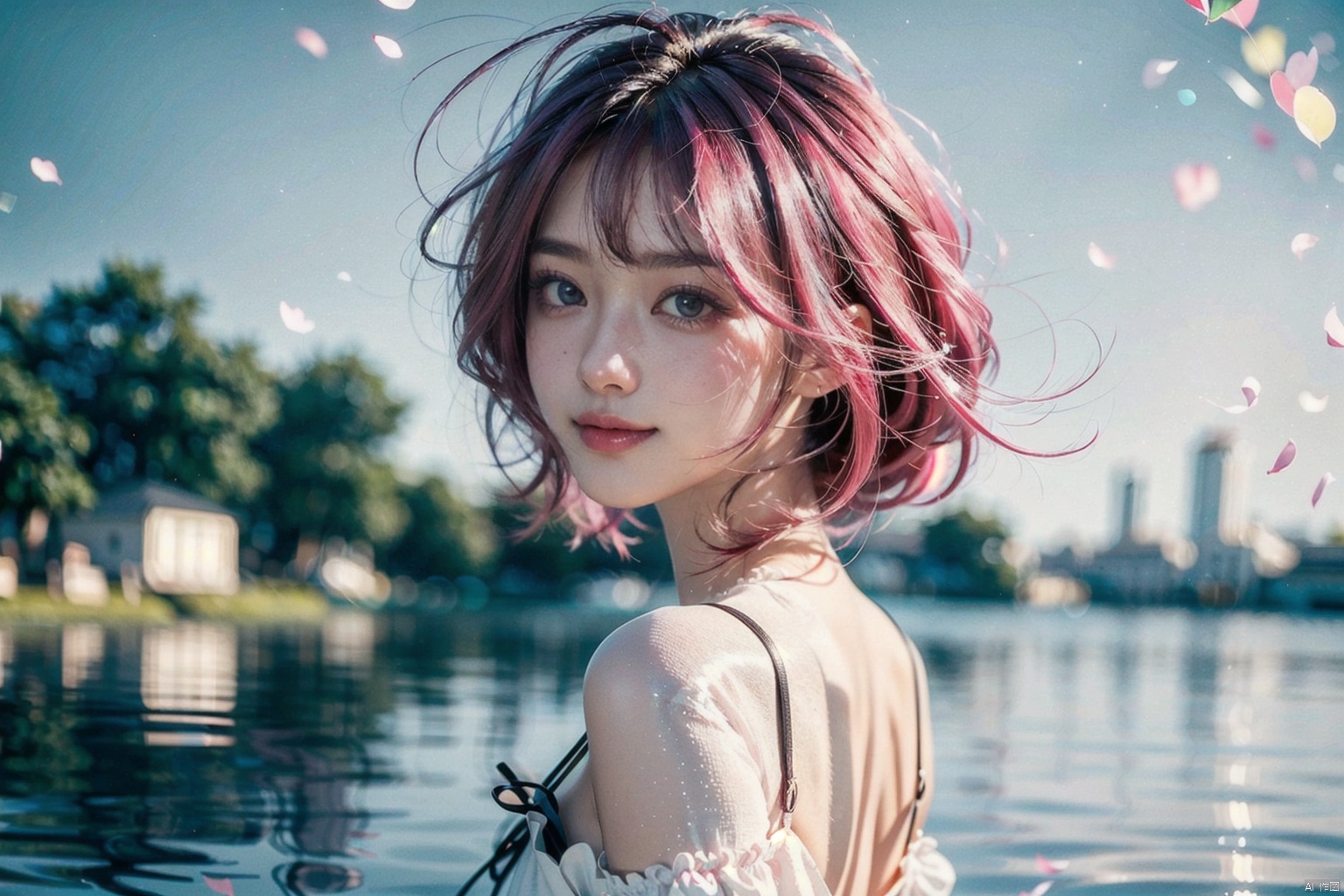  (masterpiece:1.5),highlydetailed,ultra-detailed,soft light,solo,(1girl),(detailedeyes),(pinkhair),(white dress),(exposed shoulders),(smiling),(standing by a lake)
(looking at me),(cute expression)