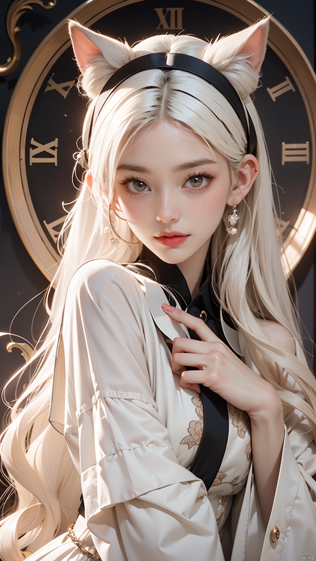  {masterpiece},{best quality},{HUBG_Beauty_Girl, HUBG_Rococo_Style(loanword), HUBG_Peach_Fuzz},Amazing,beautiful detailed eyes,finely detail,Depth of field,extremely detailed CG,original,extremely detailed wallpaper,loli,white_hair,magic_circle,cat_ears,long_hair,white_hair/yellow_eyes,wand,pentagram,clock,