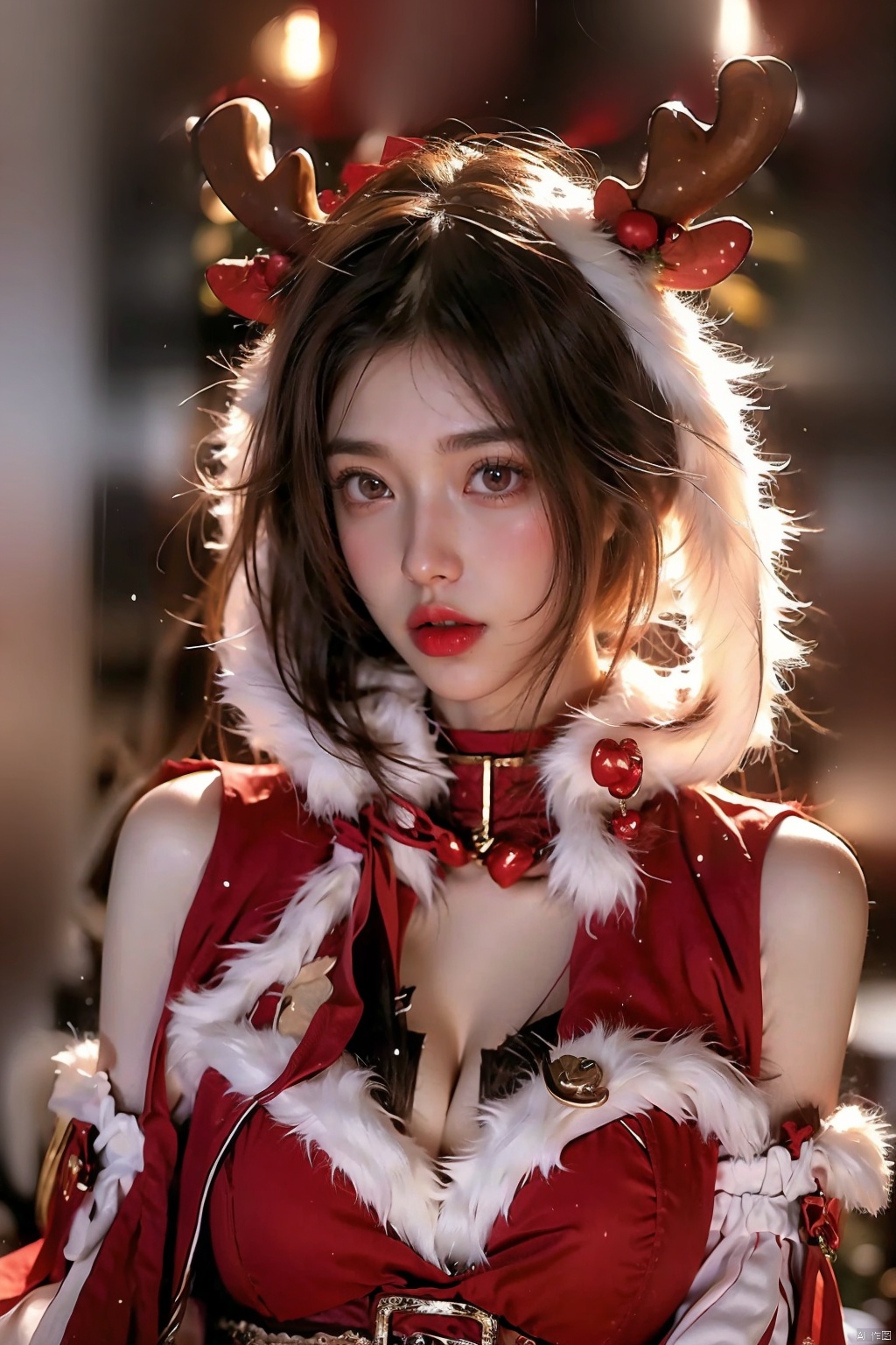  WZRYdiaochanSDLG, 1girl, solo, antlers, bell,thighhighs, choker, brown hair, looking at viewer,hood, reindeer antlers, skirt,breasts, brown eyes, short hair, neck bell, fur trim, garter straps, dress,cleavage, wide sleeves, cityscape,pool, night,mature female, ,fur-trimmed legwear, 1 girl,(upper body:1.9)