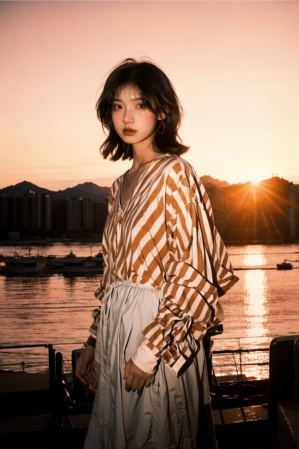  A young girl standing in front of a vibrant sunset, her silhouette sharply contrasted against the backdrop of the fading orange sky. The scene is captured using a wide-angle lens with a shallow depth of field, creating a dramatic sense of perspective. Inspired by the works of Ansel Adams, the image exudes a sense of raw, natural beauty.,WuLight