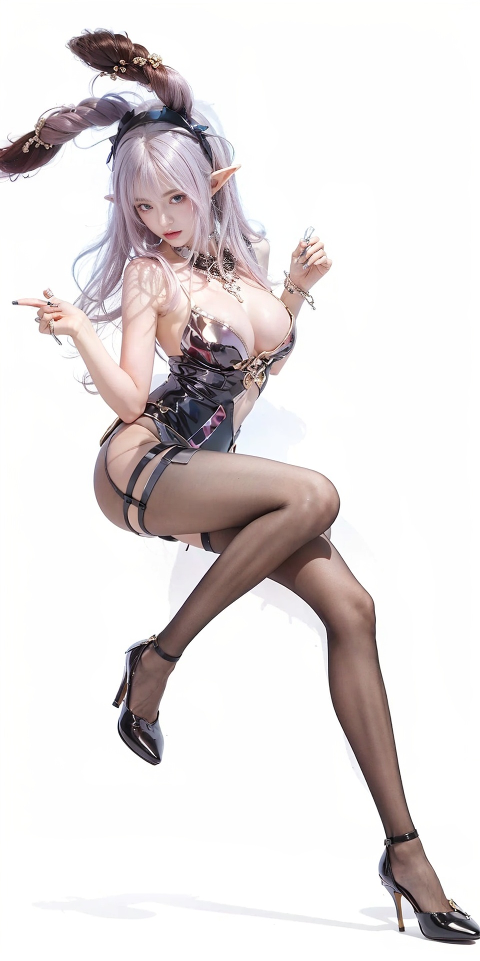  ,powdery-hair,jingling,pink-hair,elf-girl,naked,strangle-meat,Masterpiece-level best_quality,,(mini skirt:1),Super long legs,, standing, realistic, Professional studio,high heels,trend,pantyhose,