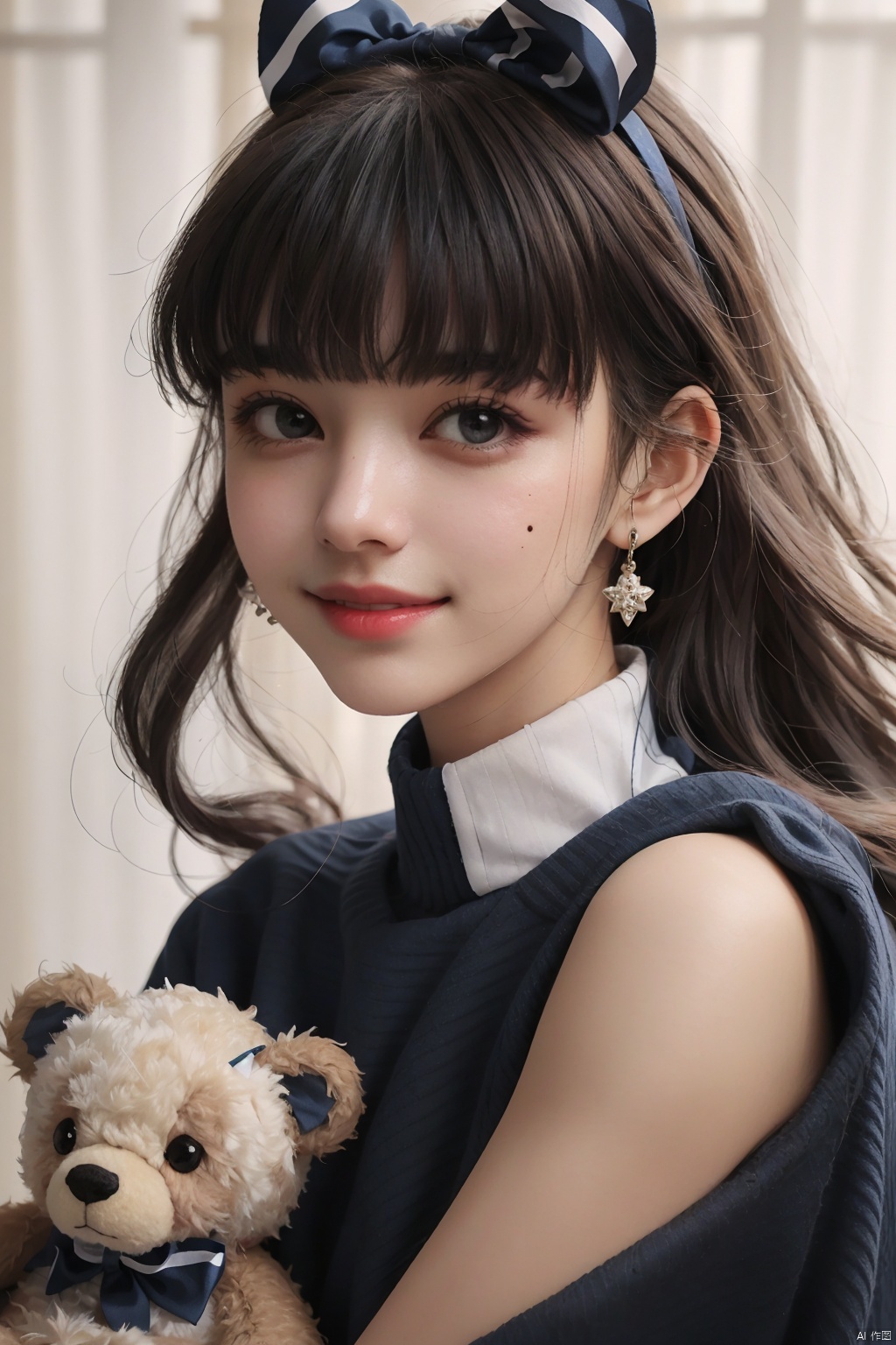  1girl, solo, stuffed toy, stuffed animal, long hair, bow, looking at viewer, hair bow, smile, black hair, ribbon, brown hair, upper body, teddy bear, bangs, mole,14 y.o.