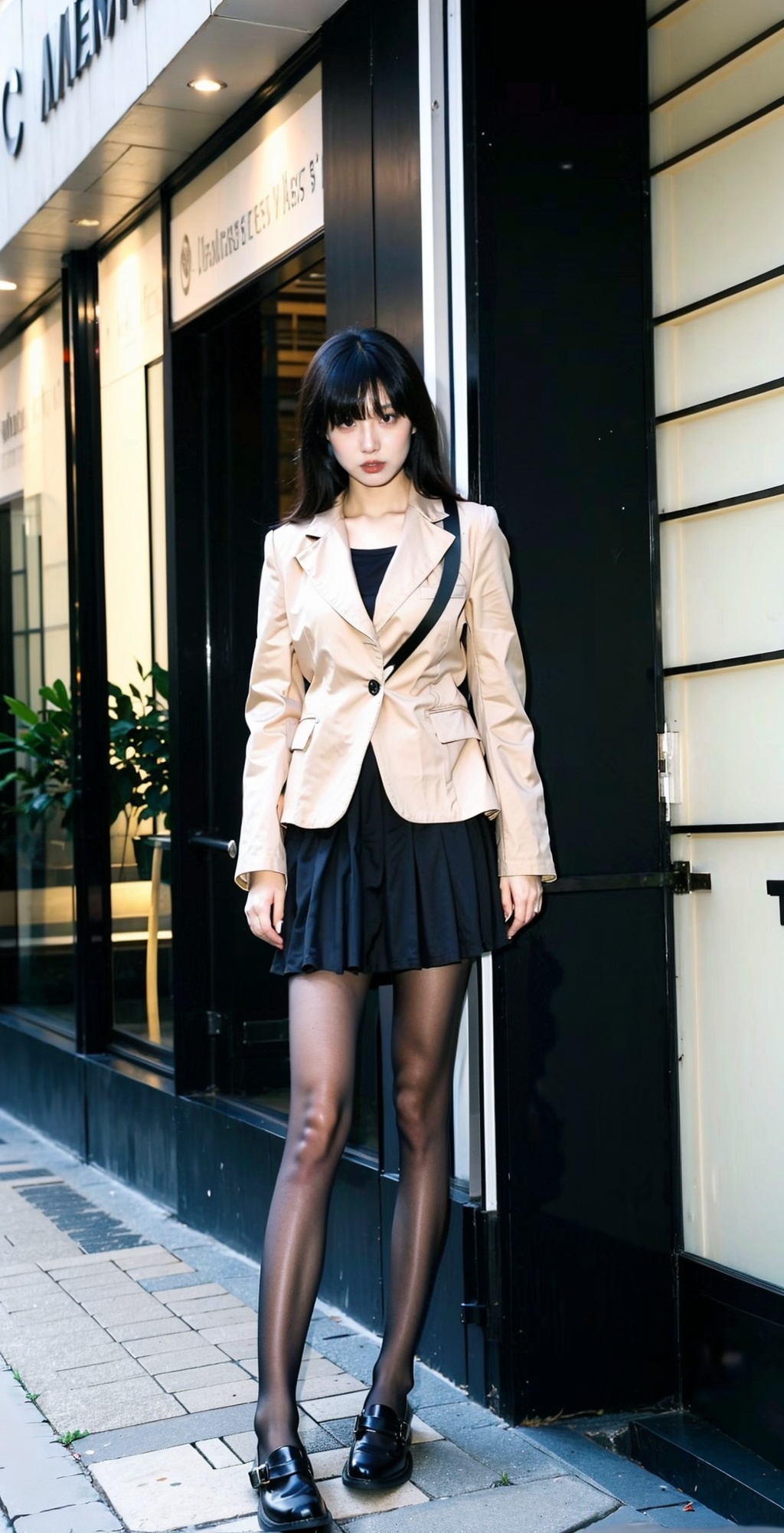  Super long legs, 1 girl, standing,
integrated short skirt, t,yuzu,pantyhose,black pantyhose,1girl,black pantyhose,Film Photography
