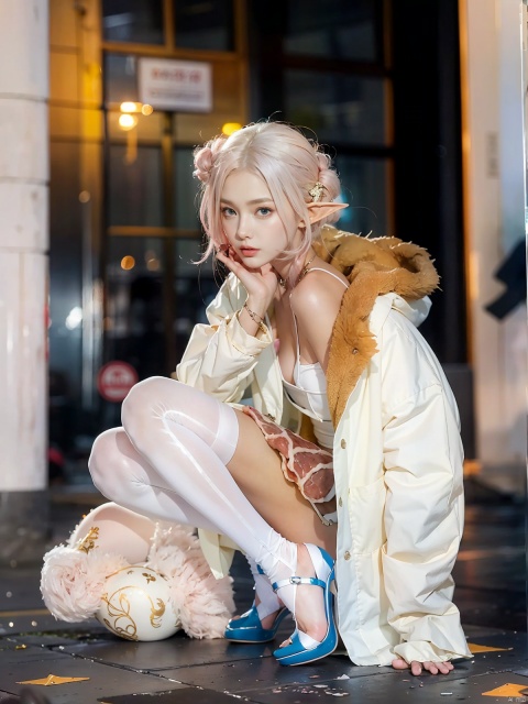  ,powdery-hair,jingling,pink-hair,elf-girl,naked,strangle-meat,Masterpiece-level best_quality, concept artwork, a lonely solo girl, Model runway,fashion show,(mini skirt:1),Super long legs,, standing, realistic, Professional studio,high heels,Fashion, street photography, trend,pantyhose,