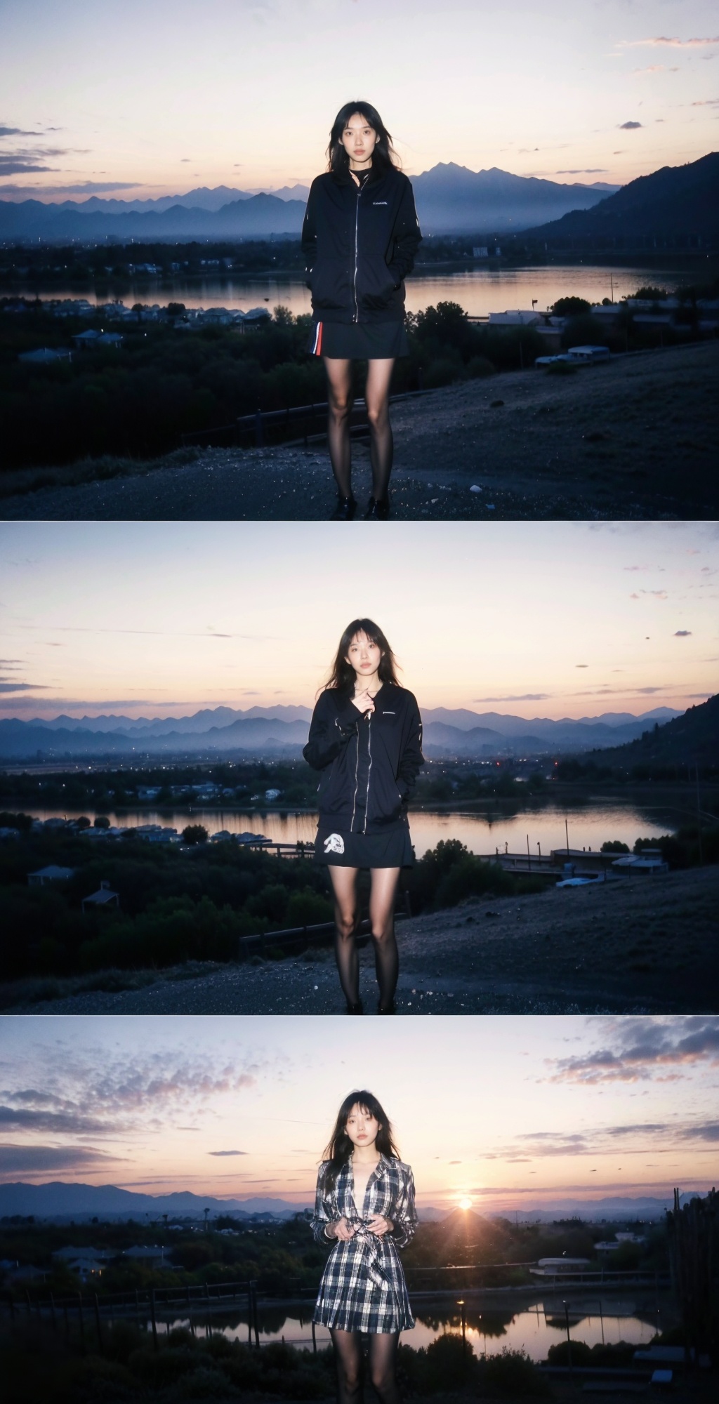 1girl, happy, KilianEngStyle, outdoors, at dusk, nightfall, fashion, extremely detailed background, from desert to forest, mountain, sky, (best quality, 8k, High resolution, Highly detailed, very attractive)