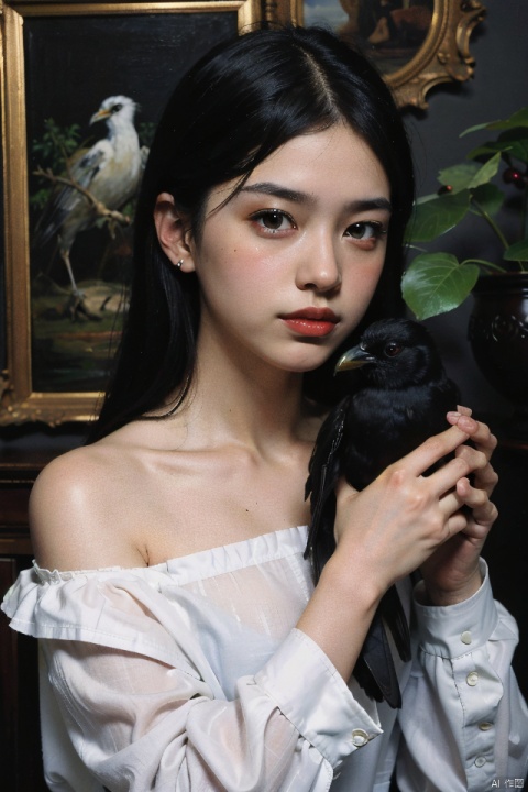  (oil painting:1.2),\\a woman with a black bird on her shoulder and a white shirt on her shoulder, with a black bird on her shoulder, (Atey Ghailan:0.230), (stanley artgerm lau:0.195), (a detailed painting:0.239), (gothic art:0.145), oilpainting