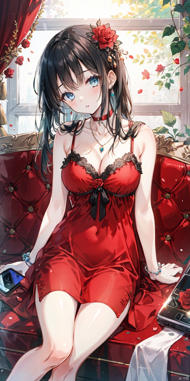 1girl, solo, long hair, breasts, looking at viewer, bangs, blue eyes, large breasts, black hair, hair ornament, dress, cleavage, bare shoulders, jewelry, sitting, collarbone, flower, parted lips, sleeveless, choker, indoors, necklace, head tilt, bare arms, bare legs, sleeveless dress, feet out of frame, rose, arm support, phone, short dress, red dress, table, curtains, red flower, couch, spaghetti strap, red choker, on couch, leaning to the side