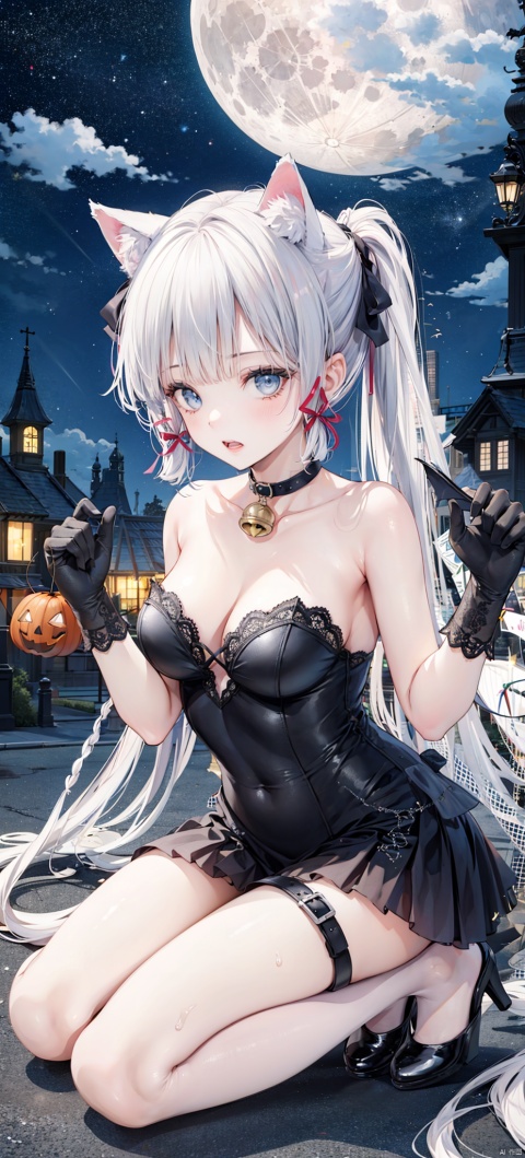 1girl, solo, long hair, breasts, looking at viewer, open mouth, bangs, blue eyes, gloves, dress, animal ears, bare shoulders, hair ribbon, ponytail, white hair, sidelocks, sky, choker, black gloves, cat ears, blunt bangs, black footwear, black dress, high heels, strapless, bell, thigh strap, night, fake animal ears, moon, night sky, neck bell, full moon, halloween, paw pose, halloween costume, bat \(animal\), kamisato ayaka