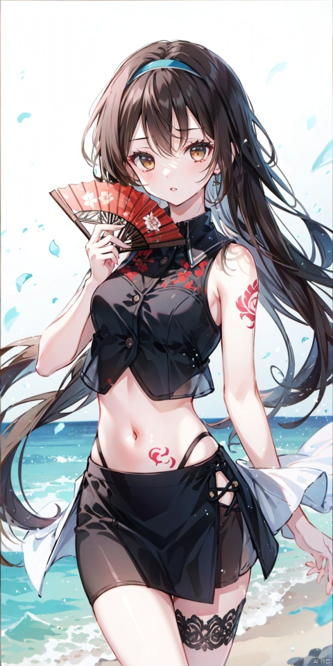 1girl, solo, long hair, breasts, looking at viewer, skirt, brown hair, black hair, navel, holding, brown eyes, cowboy shot, hairband, outdoors, parted lips, sleeveless, midriff, artist name, black skirt, lips, crop top, see-through, tattoo, hand fan, pencil skirt, folding fan, holding fan