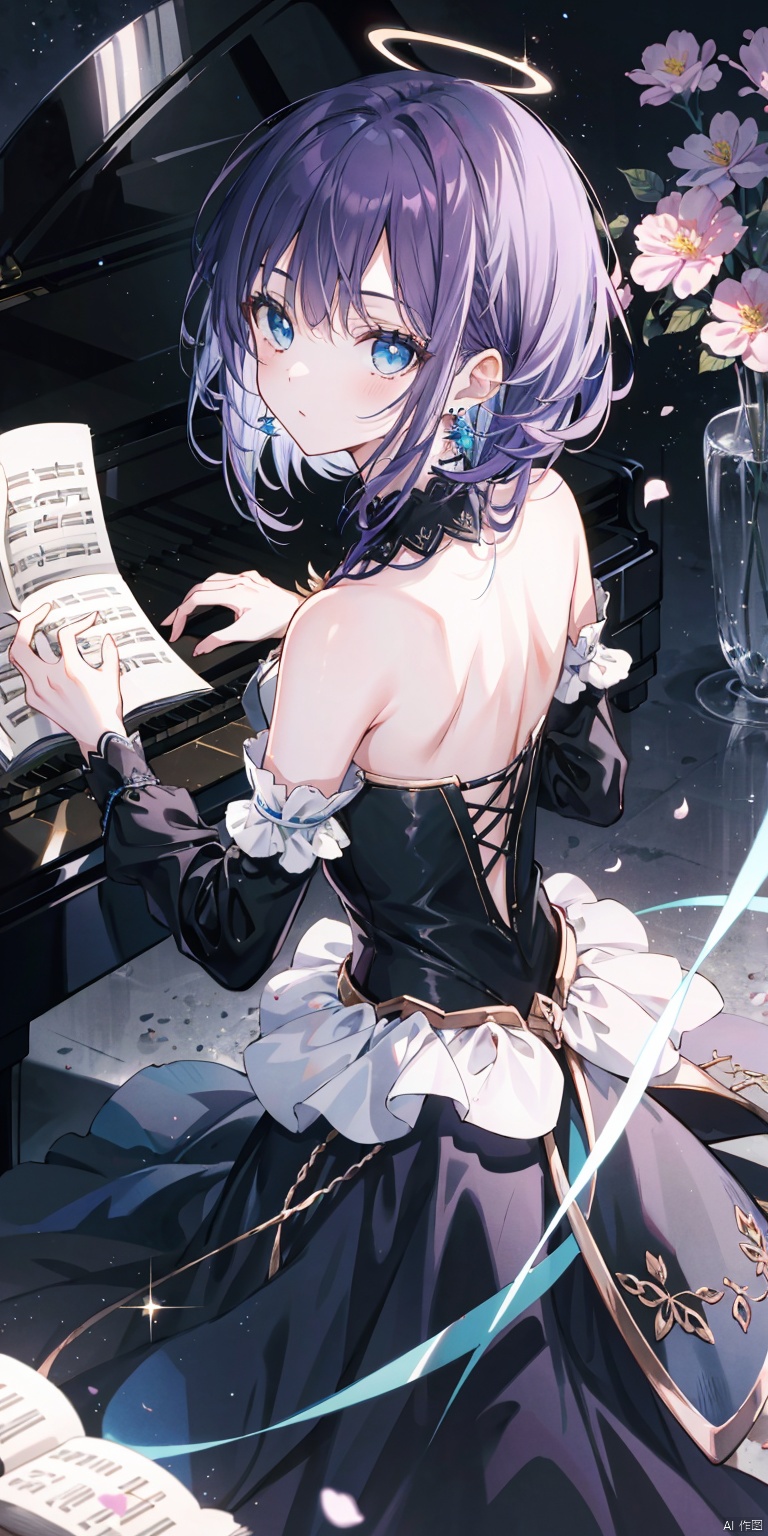 1girl, solo, looking at viewer, bangs, blue eyes, dress, bare shoulders, jewelry, purple hair, flower, earrings, detached sleeves, looking back, from behind, black dress, book, halo, piano